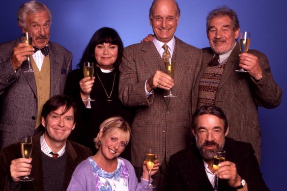 John Bluthal (left with bow tie) as Frank Pickle in The Vicar of Dibley. 