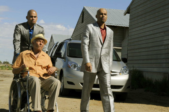 Tio Salamanca, (Mark Margolis), in a wheelchair, with Marco Salamanca (Daniel Moncada), left, and Marco Salamanca (Luis Moncada) in the third season of Breaking Bad.