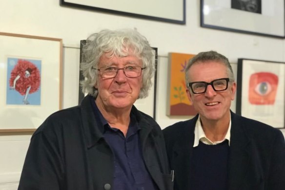 Age colleagues and friends: Michael Leunig and Jim Pavlidis at a Queenscliff Gallery function in 2019.