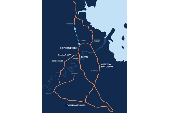 A Queensland government map showing Brisbane’s major toll roads and tunnels and the proposed Gympie Road Bypass tunnel (in light blue).