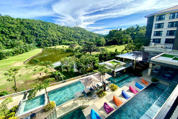 The eco-friendly hotel has six swimming pools.