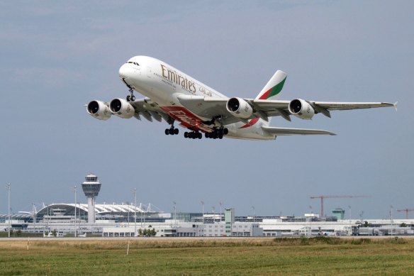 An Emirates A380 takes off.