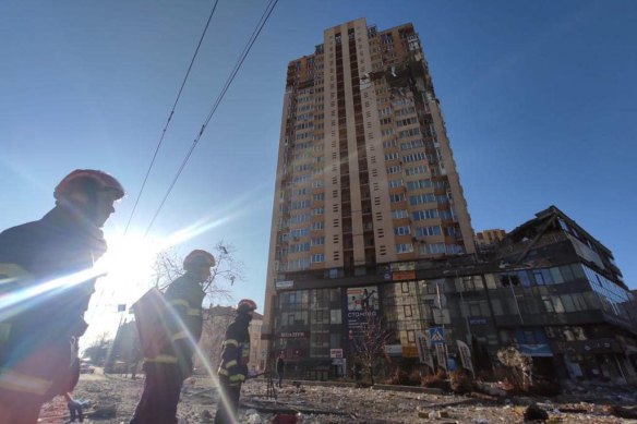 Ukraine ministry of internal affairs published photos on Facebook of a shelled apartment building in Kyiv.