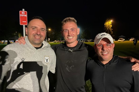 Brendan Wyatt (centre) with Macarthur’s team manager Anthony Siciliano and head of high performance Anthony Crea.