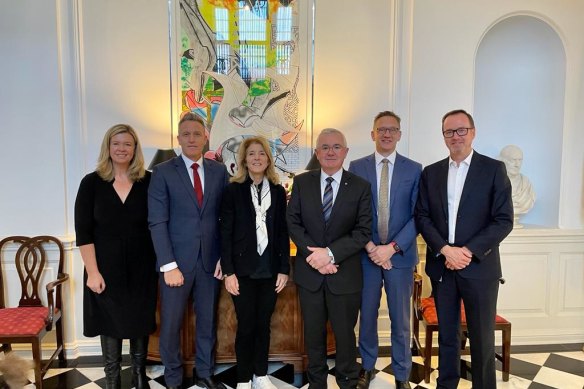 US ambassador Caroline Kennedy (third from left) meets a delegation of MPs championing the Assange cause, including Bridget Archer, Josh Wilson, Andrew Wilkie, Julian Hill and David Shoebridge. 