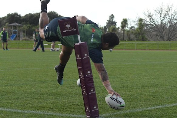 Air Papa: Josh Papalii takes flight to give his sponsors a plug.