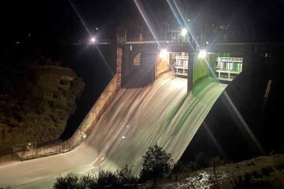 The Lake Eildon spillway gates open for flood operations for the first time since 1996.