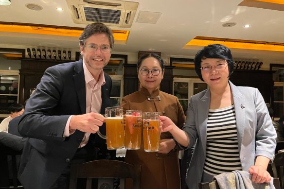 Melbourne Deputy Lord Mayor Nicholas Reece with Rockcheck chair Zhang Ronghua (centre) and general manager Zhang Ying in April.