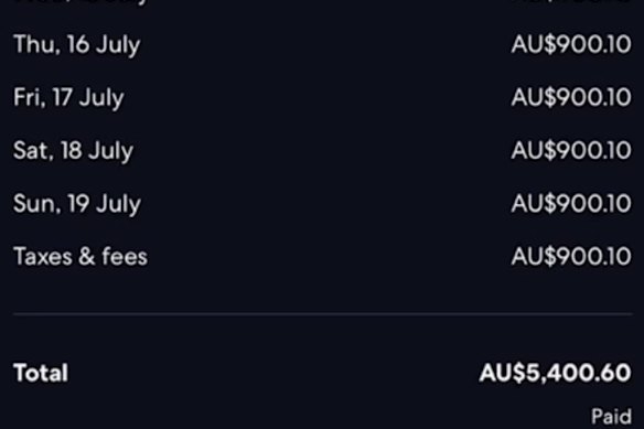 A screenshot, published by news.com.au, the One Nation provided the outlet to show the room rate and dates for a hotel room. 