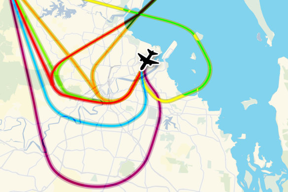 Proposed flight path changes to spread the burden of aircraft noise  in Brisbane.