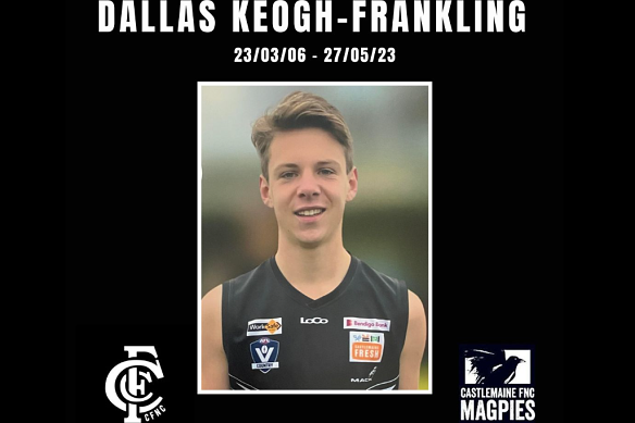 Castlemaine Football Club’s tribute to player Dallas Keogh-Frankling, who died on Saturday.