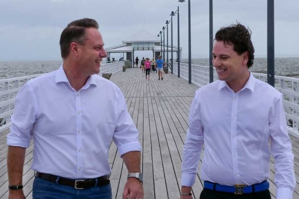LNP Lord Mayor Adrian Schrinner with former LNP candidate for Deagon ward Brock Alexander, in an image previously included on the Team Schrinner page for their now dumped candidate. The page has since been taken down.