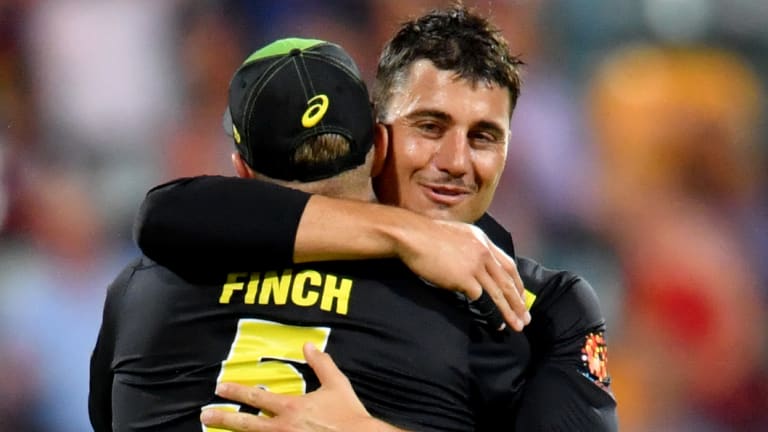 Match-winner: Marcus Stoinis celebrates with Aaron Finch after getting the wicket of Dinesh Karthik at the Gabba.