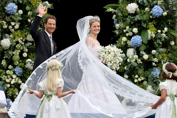 VADUZ, LIECHTENSTEIN - AUGUST 30: Alois, Hereditary Prince of Liechtenstein and Princess Marie Caroline Of Liechtenstein arrive at the wedding of Princess Marie Caroline of Liechtenstein To Mr Leopoldo Maduro Vollmer at Cathedral of St. Florin on August 30, 2025 in Vaduz, Liechtenstein. (Photo by Gerald Matzka/Getty Images)