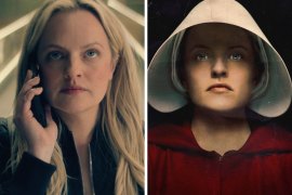 Elisabeth Moss in The Veil, left, and The Handmaid’s Tale.