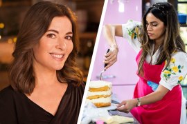 Nigella Lawson and, right, a competitor on The Great Australian Bake Off.