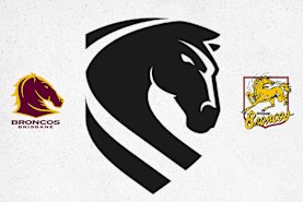 The Brisbane Broncos’ logo submitted for trademark protection, alongside the current (left) and original (right) logos.