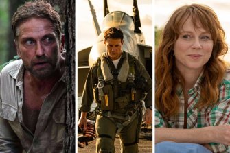 Movies to see in May include (from left) Last Seen Alive, Top Gun: Maverick and How to Please a Woman starring Hayley McElhinney.
