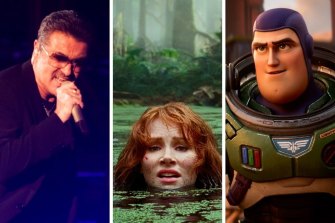 Movies to see in June include (from left) George Michael Freedom Uncut, Jurassic World Dominion starring Bryce Dallas Howard and Lightyear.