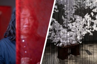 Chiharu Shiota (left) and one of her installations at QAGOMA.