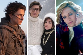 From left: Timothee Chalamet in Dune, Adam Driver and Lady Gaga in House of Gucci and Kristen Stewart as Princess Diana in Spencer.
