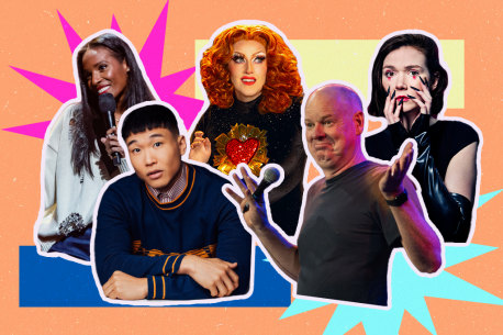 Clockwise from top left: Zainab Johnson, Geraldine Quinn, Elf Lyons, Tom Gleeson, Joel Kim Booster