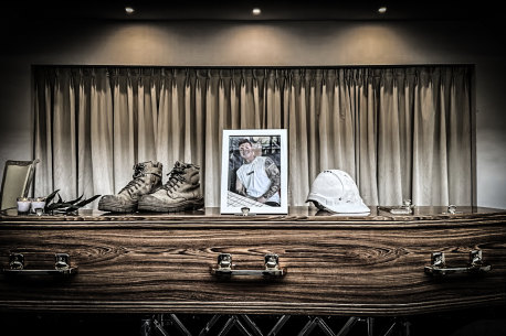 Ben Nash’s coffin at his funeral where his love of construction was clear.