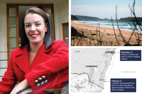 Melissa Caddick’s foot was found on Bournda Beach.