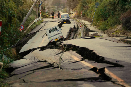 A road in Noto peninsula, facing the Sea of Japan, north-west of Tokyo  after an earthquake in January 2024.