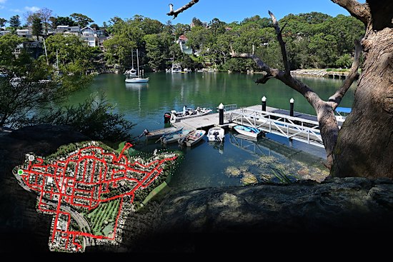 Boats moored at the Tunks Park ramp and (inset) a GPS-drawn “burbing” map of Cammeray.