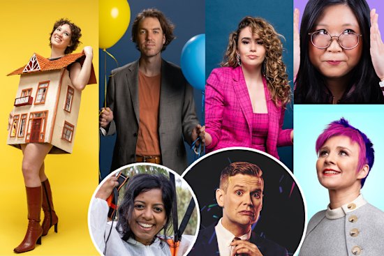 Melbourne Interational Comedy Festival. Clockwise from left: Bea Barbeau-Scurla, Joshua Ladgrove, Michelle Brasier, Jennifer Wong, Cal Wilson, Ari Eldjárn, Sashi Perera