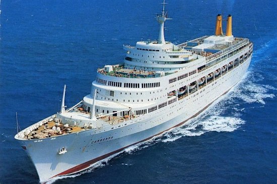 The P&O ocean liner SS Canberra, colloquially known as the Great White Whale. The ship operated from 1961 to 1997, and was briefly requisitioned by the UK government in 1982 to transport troops to the Falkland Islands. 