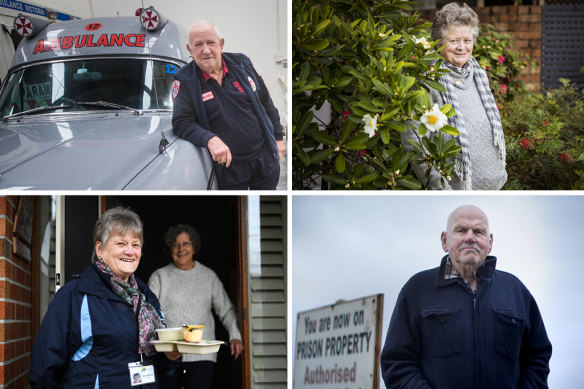 Queen’s Birthday Honours community recipients (clockwise from top left): Long-time ambo Chas Martin, children’s cancer nurse Mary McGowan, Meals on Wheels volunteer Adele Allen, and prison visitor Nevil Knell.