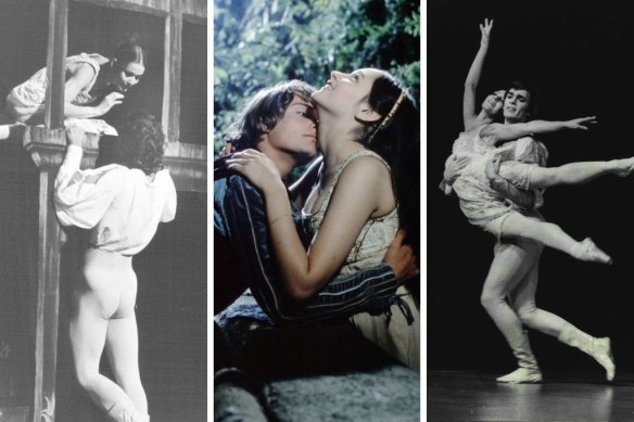 Australian Ballet productions of John Cranko’s Romeo and Juliet in 1978 (left) and 1974 (right) and Franco Zeffirelli’s 1968 film (centre).