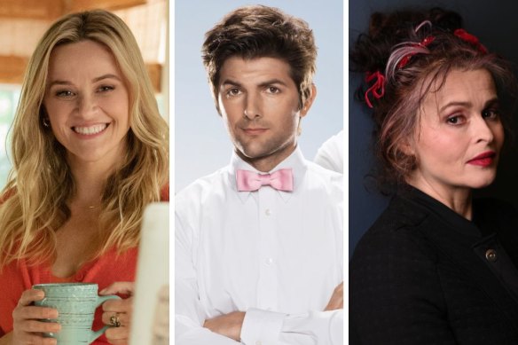 Top streaming in February (from left): Reese Witherspoon in Your Place or Mine, Adam Scott in the original Party Down and Nolly star Helena Bonham Carter.
