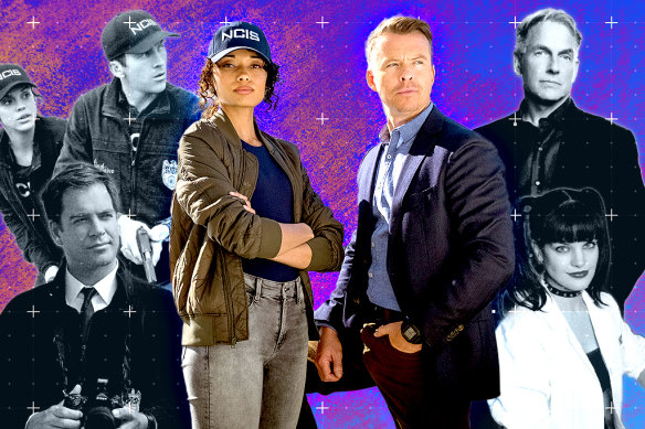 Players in the NCIS universe (from far left): Vanessa Ferlito and Lucas Black in NCIS: New Orleans; Michael Weatherly in NCIS; Olivia Swann and Todd Lasance in NCIS: Sydney; Mark Harmon and Pauley Perrette from NCIS.