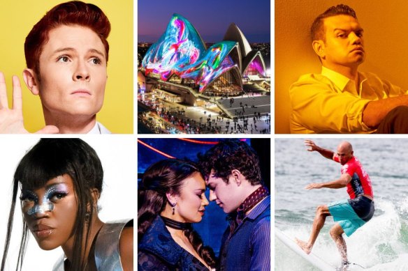 What to see and do in May (clockwise, from top left): Rhys Nicholson, Vivid Sydney, Meyne Wyatt in City of Gold, the Sydney Surf Pro, Moulin Rouge! The Musical and Tkay Maidza.