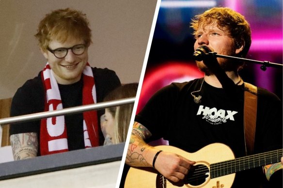 Ed Sheeran attends an AFL match at Melbourne’s Marvel Stadium last year and, right, performing at ANZ Stadium in Sydney in 2018.