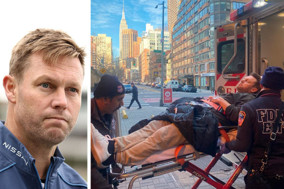 Hawthorn coach Sam Mitchell at training last season, and (right) being loaded into an ambulance on a cold New York morning with the Empire State Building standing tall in the background.