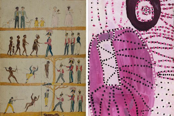 Then and now: After George Frankland, Governor Arthur’s Proclamation to the Aborigines c. 1828-30, left; Noŋgirrŋa Marawili, Baratjala 2022 (detail).