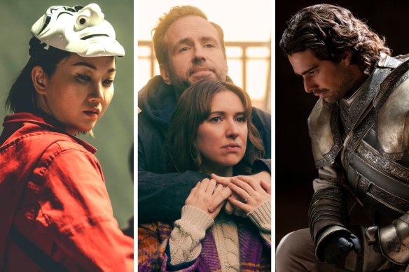 Top streaming in August (from left): Money Heist: Korea – Joint Economic Area, Rafe Spall and Esther Smith in Trying and Fabien Frankel stars in House of the Dragon.