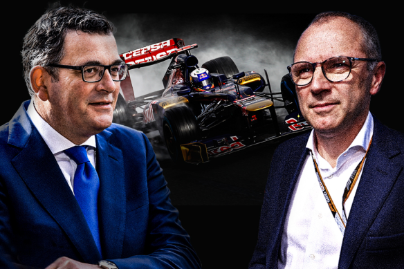 Victorian Premier Daniel Andrews and F1 boss Stefano Domenicali. The full extent of F1’s financial gains from its negotiations with the Victorian government are in the fine print of an inches-thick contract.