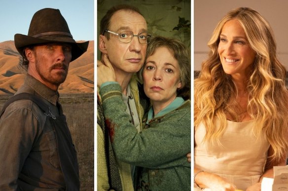 Top streaming in December (from left): Benedict Cumberbatch in The Power of the Dog, David Thewlis and Olivia Colman in Landscapers and Sarah Jessica Parker in And Just Like That.