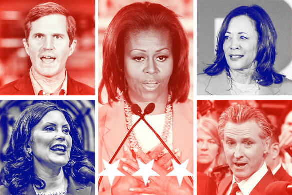 Possible replacements for Joe BIden include (clockwise from left) Andy Beshear, Michelle Obama, Kamala Harris, Gavin Newsom and Gretchen Whitmer.