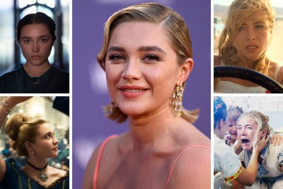 Clockwise from main: Florence Pugh on the red carpet in Don’t Worry Darling, Midsommar, Little Women and Lady Macbeth.