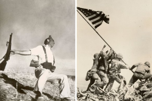 Robert Capa’s Death of a soldier, Spain, 1936 (detail), left, and Joe Rosenthal’s Raising the flag on Iwo Jima, 1945. 