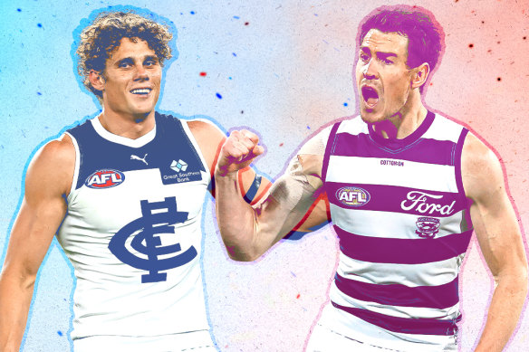 Clash of the titans: Carlton star Charlie Curnow and Geelong forward Jeremy Cameron.