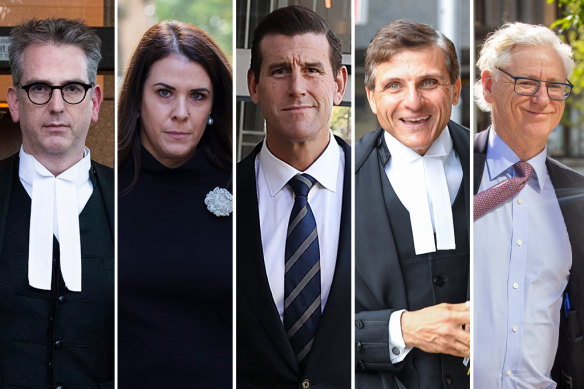 Ben Roberts-Smith (centre) and some of the major players in his long-running defamation trial. From left:  Nine silk Nicholas Owens, SC; Roberts-Smith’s wife Emma Roberts, his silk Arthur Moses, SC; and Seven commercial director Bruce McWilliam.