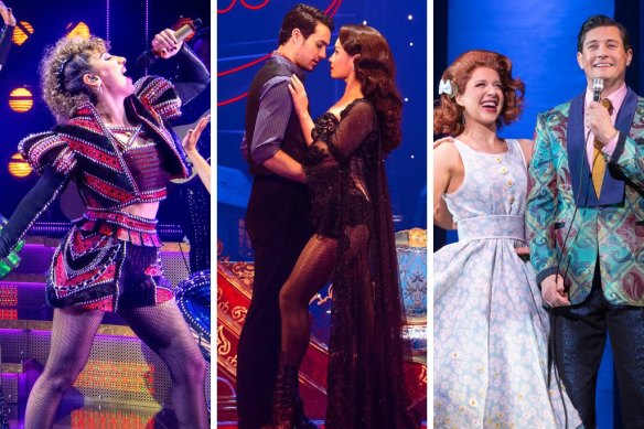 Stage shows playing in Sydney include (from left) Six the Musical, Moulin Rouge! The Musical and Hairspray.