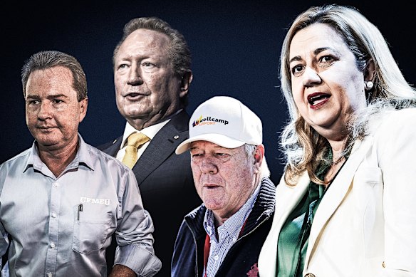 Premier Annastacia Palaszczuk with, from left, CFMEU Queensland secretary Michael Ravbar, billionaire Andrew Forrest, and Toowoomba businessman John Wagner.